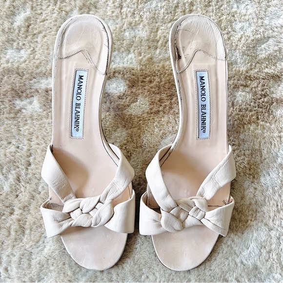 Manolo Blahnik Braided Leather Mule Slide Open Toe Kitten Heel Sandals Sz 37 1/2 - Picture 2 of 15